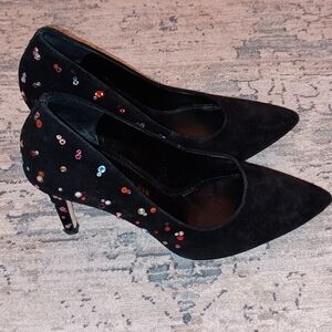Antonio Melani  Black suede Stud Colorful Rhinestone Heels 5.5